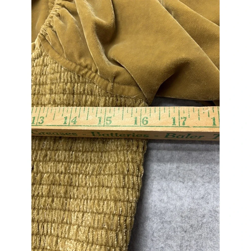 Free People Dress Womens Large Mustard Velvet Smocked Puff Sleeve Lace Up Back - Picture 8 of 15